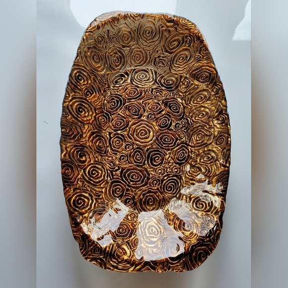 17 1/2" x 10" Glass Copper Bronze Brown Art Glass Decor Bowl with Silver Bottom - Picture 4 of 16